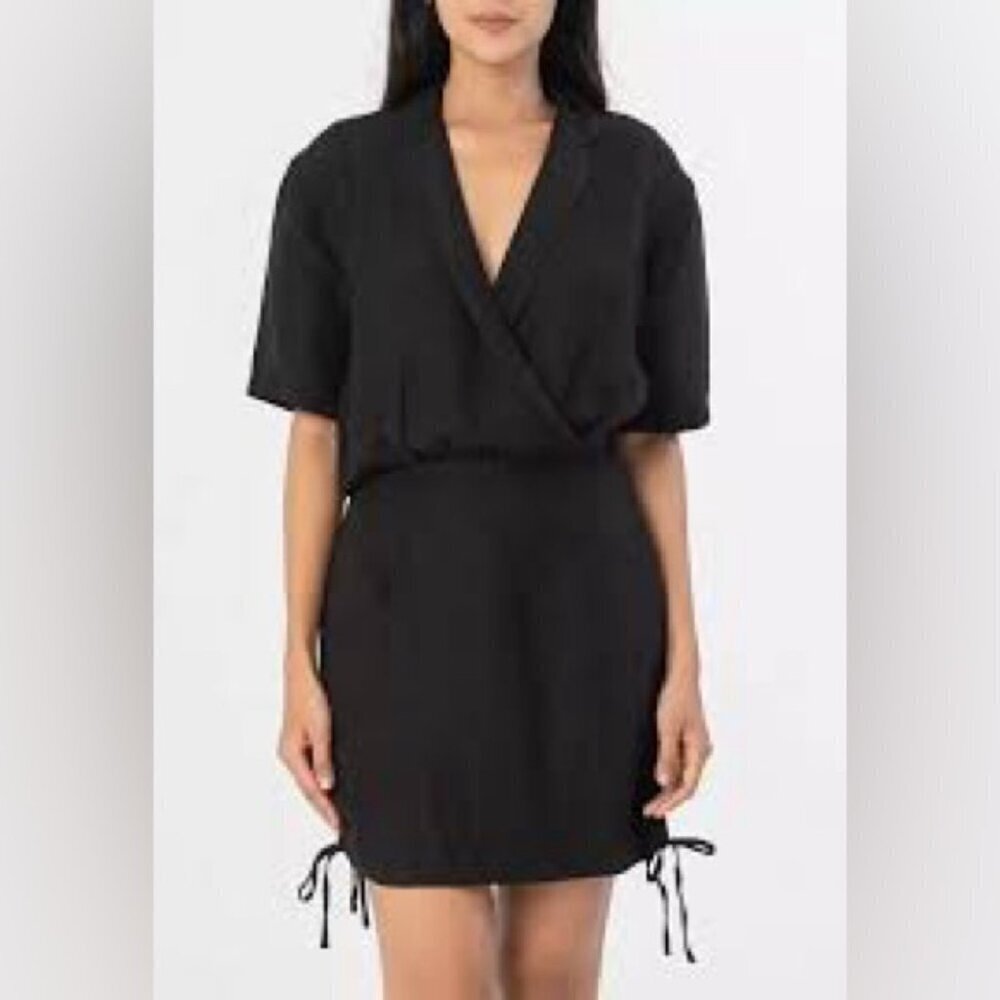 Amuse Society Lara Woven Linen Blend Ruched Mini Dress Black Women's Sz S